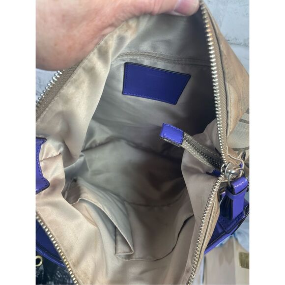 Coach Signature Stripe Hobo Bag F20064 Khaki/Blue Patent Leather Trim - Picture 4 of 16